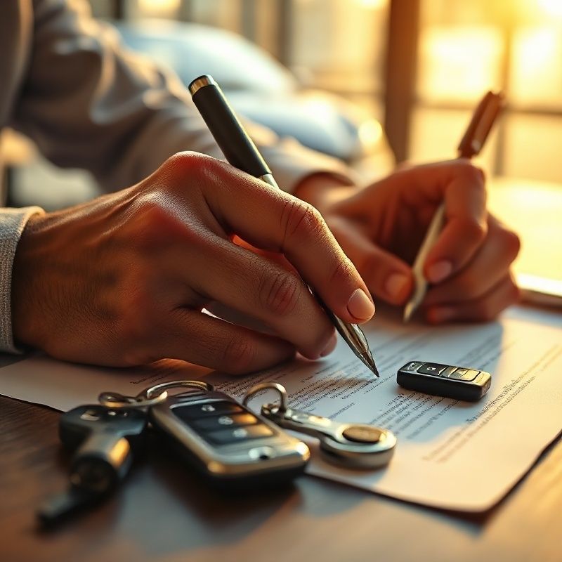 Ruke potpisuju ugovor o financiranju s ključem automobila na stolu u toplom svjetlu